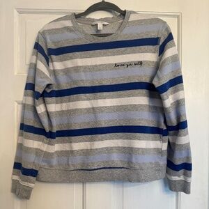 Popsugar “love ya self” striped sweatshirt blue gray and white